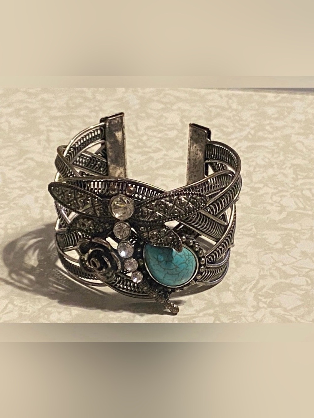 Dragonfly Faux Turquoise Silver Tone Cuff Bracelet #7295 💎 - Picture 7 of 7